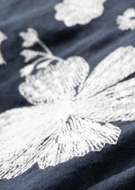 Boutique Navy O-Neck Besticktes Blumen-Baumwollhemd mit kurzen Ärmeln