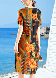 Boutique Orange V Neck Patchwork Print Silk Dress For Wemon Short Sleeve