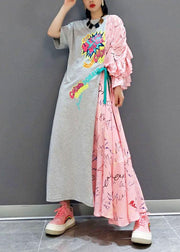 Boutique Patchwork O-Neck Print Half Sleeve Asymmetrical Design Fall Long Dress - SooLinen