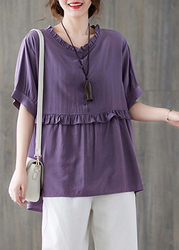Boutique Lila Knopf gekräuseltes Patchwork-Tanktop mit kurzen Ärmeln
