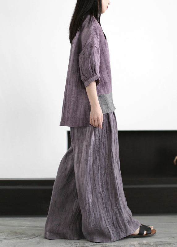 Boutique Purple Grey O-Neck Wrinkled Patchwork Linen Two Pieces Set Half Sleeve