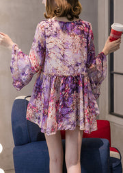 Boutique Purple O-Neck Chiffon Tops Half Sleeve