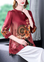 Boutique Red O-Neck Print drapierte Seidenbluse Tops Armband Ärmel
