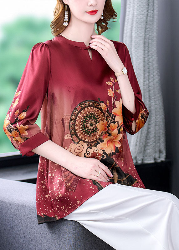 Boutique Red O-Neck Print drapierte Seidenbluse Tops Armband Ärmel