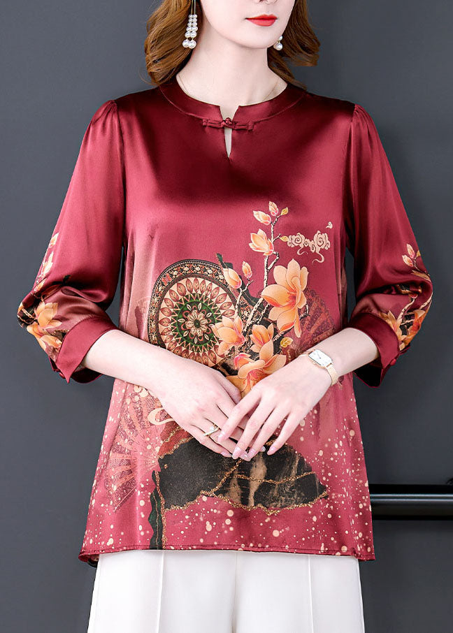 Boutique Red O-Neck Print drapierte Seidenbluse Tops Armband Ärmel