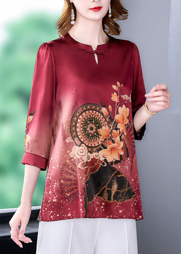 Boutique Red O-Neck Print drapierte Seidenbluse Tops Armband Ärmel