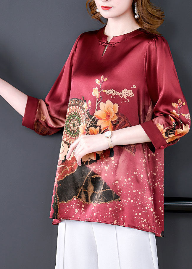 Boutique Red O-Neck Print drapierte Seidenbluse Tops Armband Ärmel