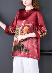 Boutique Red O-Neck Print drapierte Seidenbluse Tops Armband Ärmel