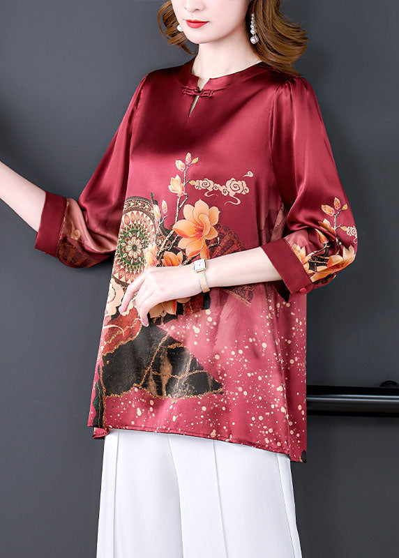 Boutique Red O-Neck Print drapierte Seidenbluse Tops Armband Ärmel