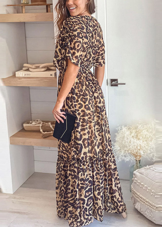 Casual Vintage Print Leopard Patchwork V Neck Printed Dress Dresses main image 0