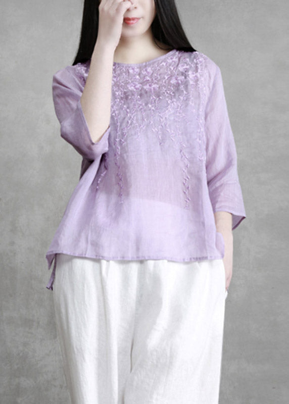 Boutique Leinenhemden mit langem Ärmel und besticktem Blumenmuster und O-Ausschnitt in Violett