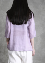 Boutique Leinenhemden mit langem Ärmel und besticktem Blumenmuster und O-Ausschnitt in Violett