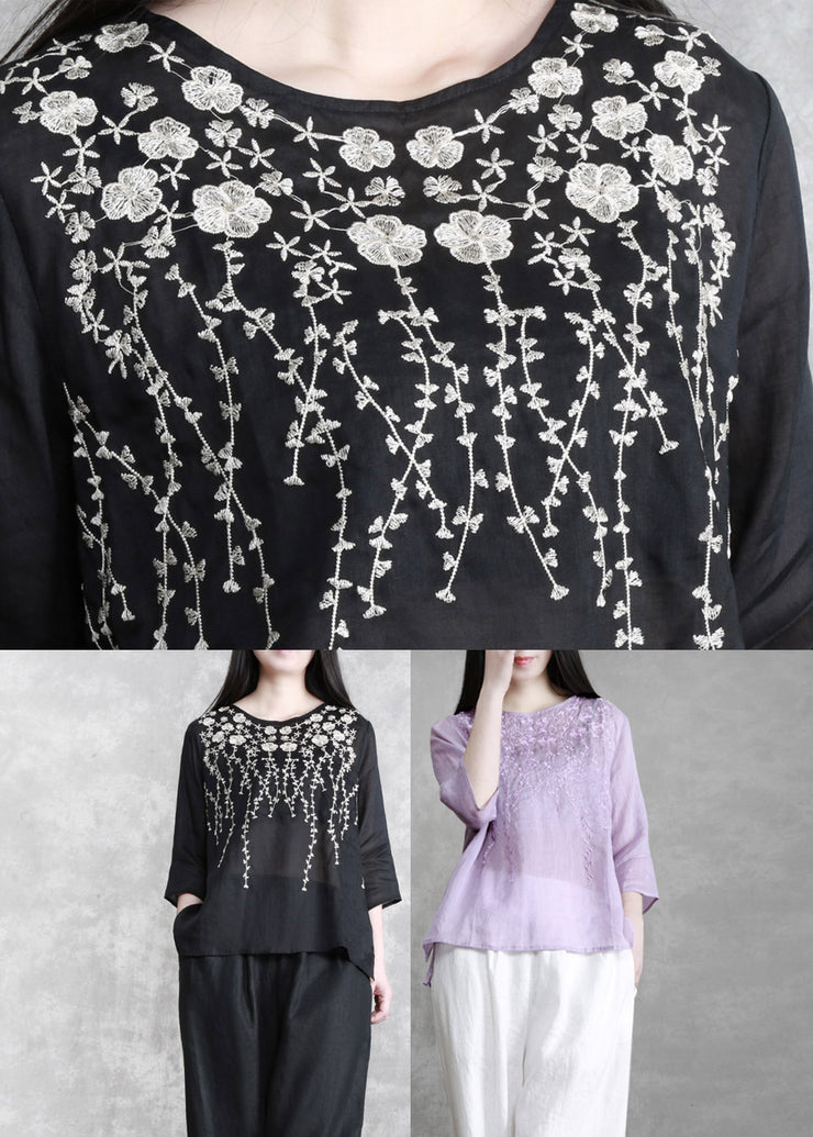 Boutique Leinenhemden mit langem Ärmel und besticktem Blumenmuster und O-Ausschnitt in Violett