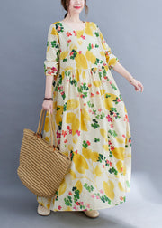 Boutique Yellow Floral O-Neck Cinched pockets Beach Dress Long Sleeve