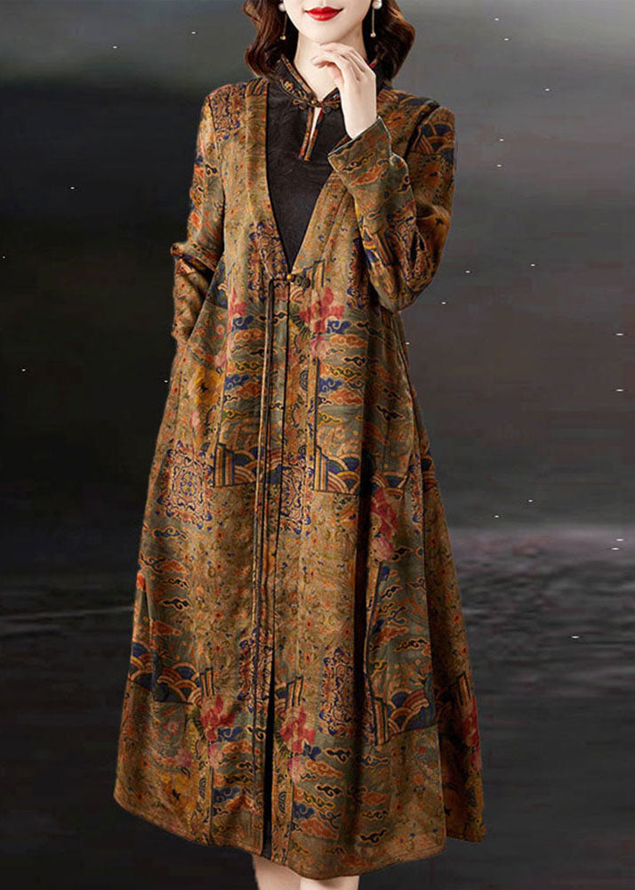 Boutique Gelbes Stehkragen-Reißverschluss-Druck-Seidengefälschtes zweiteiliges Kleid mit langen Ärmeln
