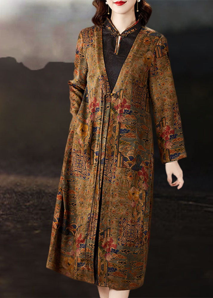 Boutique Gelbes Stehkragen-Reißverschluss-Druck-Seidengefälschtes zweiteiliges Kleid mit langen Ärmeln
