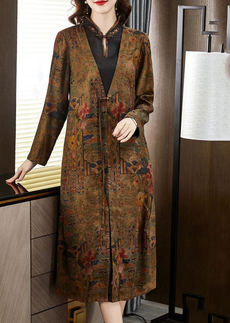 Boutique Gelbes Stehkragen-Reißverschluss-Druck-Seidengefälschtes zweiteiliges Kleid mit langen Ärmeln