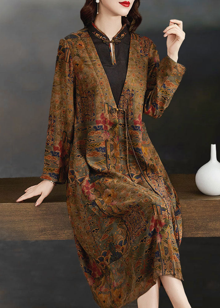 Boutique Gelbes Stehkragen-Reißverschluss-Druck-Seidengefälschtes zweiteiliges Kleid mit langen Ärmeln