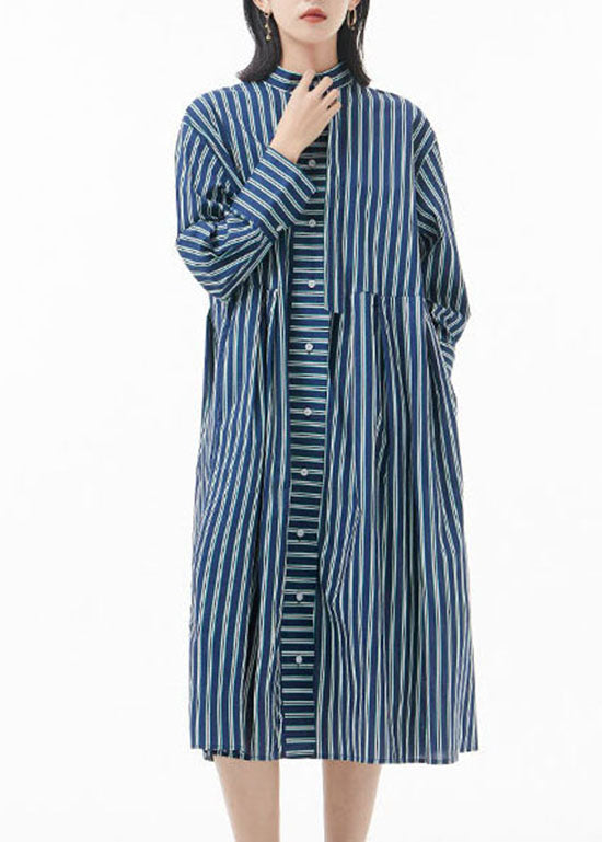 Boutique schwärzlich-grüner Stehkragen, zerknittertes, gestreiftes Hemdkleid Frühling