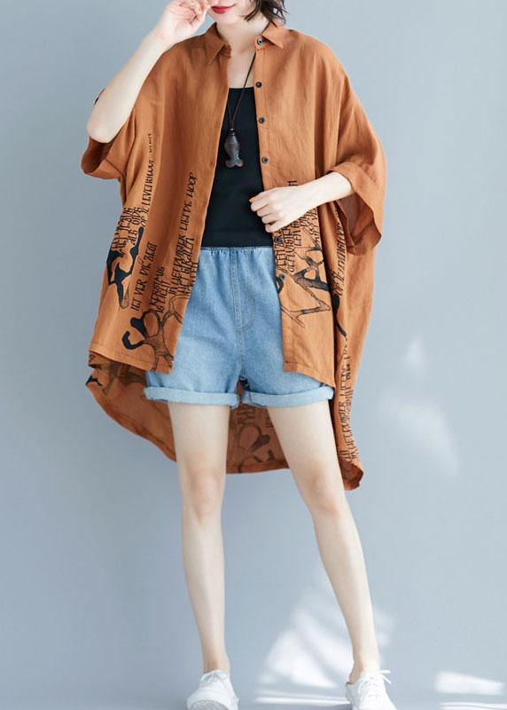 Brown Graphic low high design Cotton Summer Shirt Tops - SooLinen