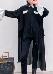 Buy black chiffon Long Shirts Work Outfits asymmetric Plus Size Clothing lapel Dresses - SooLinen