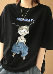 Casual Black O-Neck Print Oversized Cotton Tanks Short Sleeve