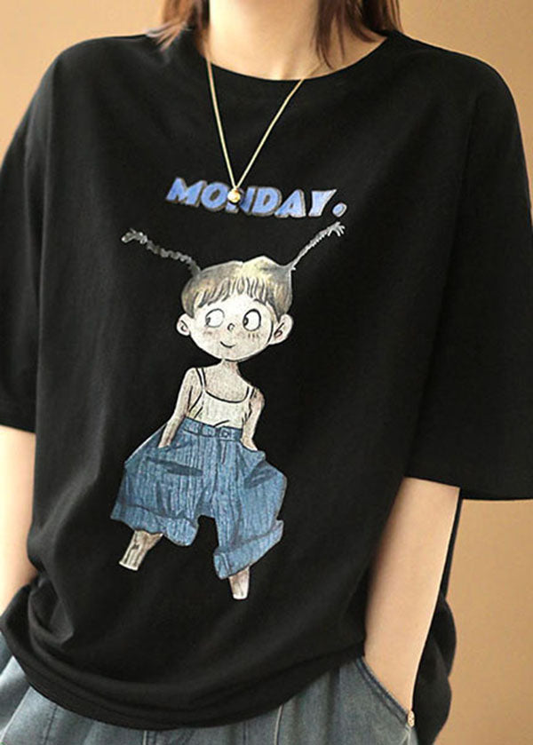 Casual Black O-Neck Print Oversized Cotton Tanks Short Sleeve