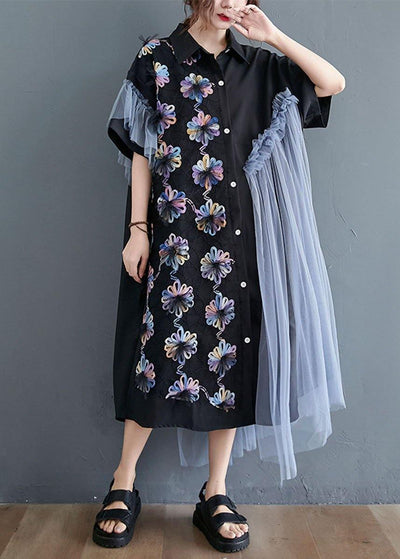 Casual Black Patchwork Tulle Peter Pan Collar Summer Button Dresses Half Sleeve - SooLinen