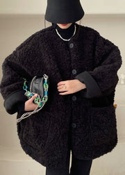 Casual Black Pockets Faux Fur Jacket Winter