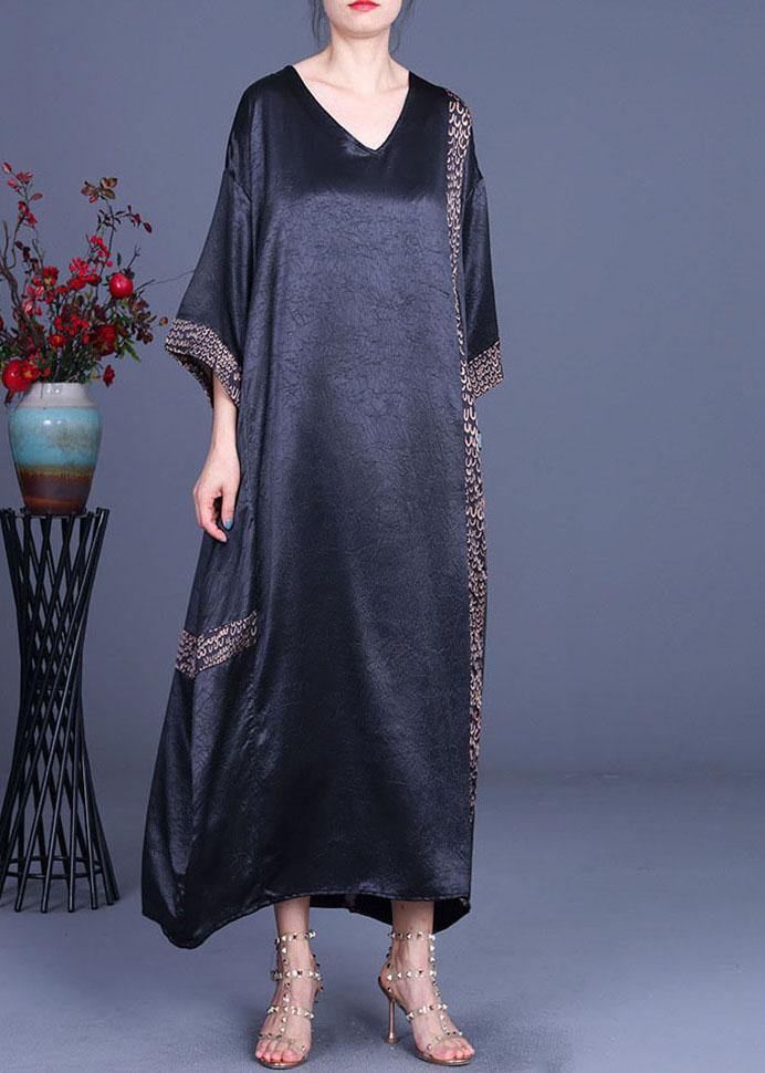 Casual Black Print Patchwork Silk asymmetrical design Summer Party Dress - SooLinen