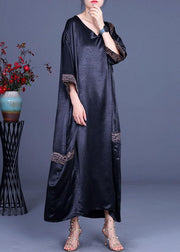 Casual Black Print Patchwork Silk asymmetrical design Summer Party Dress - SooLinen