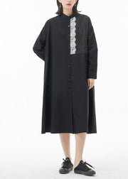 Lässiges schwarzes Stehkragen-Spitze-Patchwork-Hemdkleid Frühling