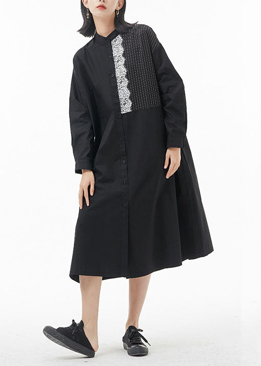 Lässiges schwarzes Stehkragen-Spitze-Patchwork-Hemdkleid Frühling