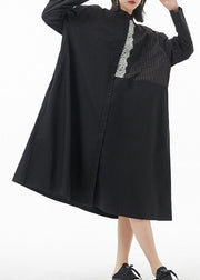 Lässiges schwarzes Stehkragen-Spitze-Patchwork-Hemdkleid Frühling