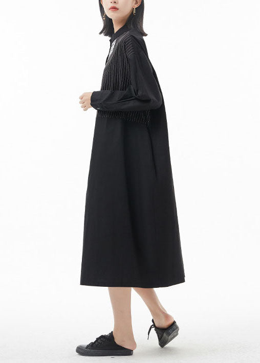 Lässiges schwarzes Stehkragen-Spitze-Patchwork-Hemdkleid Frühling