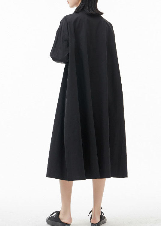 Lässiges schwarzes Stehkragen-Spitze-Patchwork-Hemdkleid Frühling