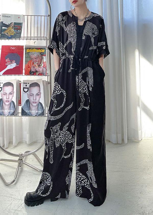 Casual Black Summer Patchwork Wide Leg Print Chiffon jumpsuit pants - SooLinen