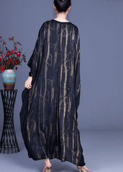 Casual Black V Neck Print Patchwork Silk Summer Dresses Batwing Sleeve - SooLinen