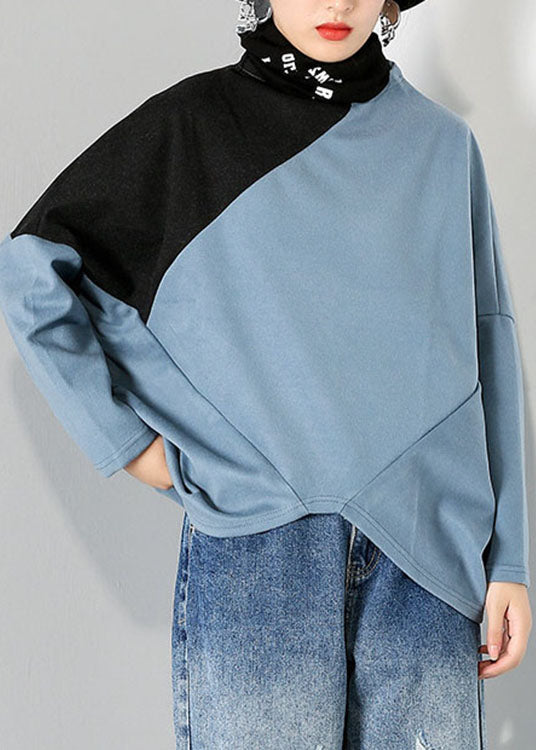 Lässige blaue Rollkragen-Patchwork-Tops Frühling