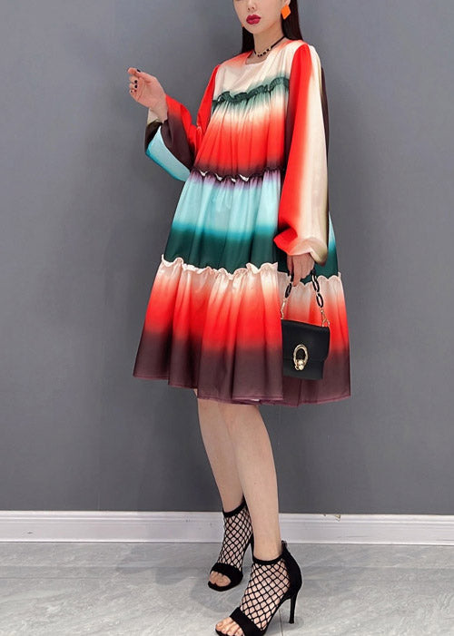 Casual Gradient color O-Neck Ruffled Patchwork A Line Dresses Long Sleeve