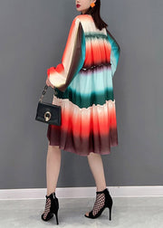 Casual Gradient color O-Neck Ruffled Patchwork A Line Dresses Long Sleeve