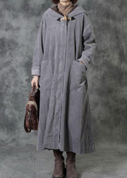 Casual Grey Button Hooded Pockets Winter Cotton Parka Long Sleeve - SooLinen