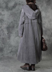 Casual Grey Button Hooded Pockets Winter Cotton Parka Long Sleeve - SooLinen