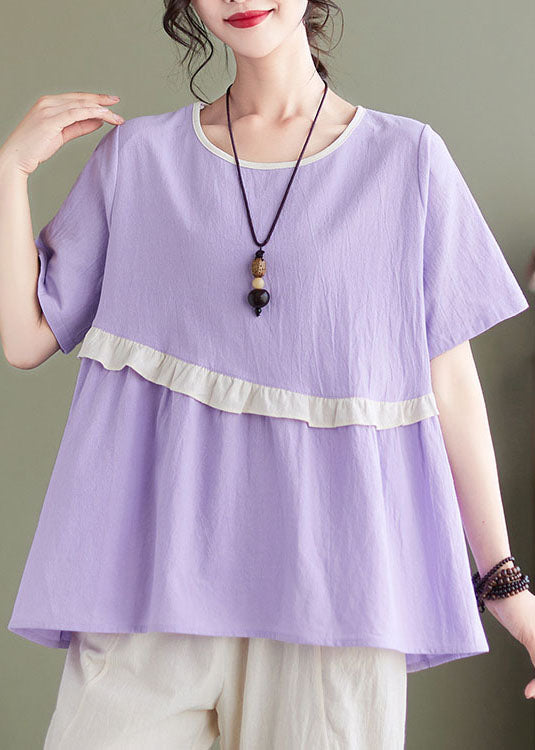 Casual Light Purple O-Neck Ruffled Patchwork Cotton Tops And Harem Pants Two Pieces Set Summer
