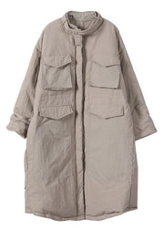 Casual Loose fitting womens parka pockets black stand collar asymmetric warm coat - SooLinen