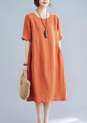 Casual Orange O-Neck wrinkled Pockets Linen Dresses Short Sleeve
