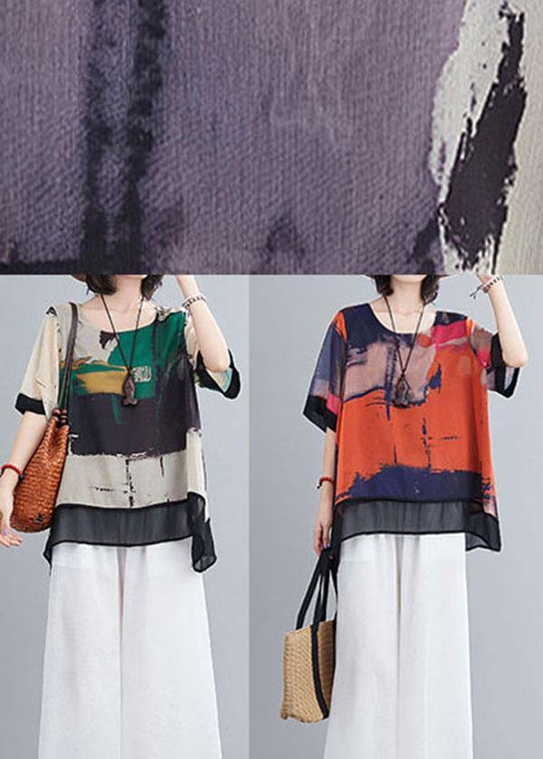 Casual Orange Print Chiffon Half Sleeve Summer two Piece Outfit - SooLinen
