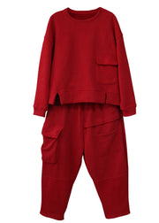 Casual Red Cinched Patchwork Warm Fleece Damen Sets 2 Stück Winter