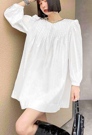 Casual White Puff Sleeve Holiday Summer Cotton Dress - SooLinen