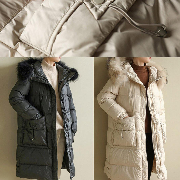 Casual beige warm winter coat oversize hooded winter jacket faux fur collar New winter outwear - SooLinen